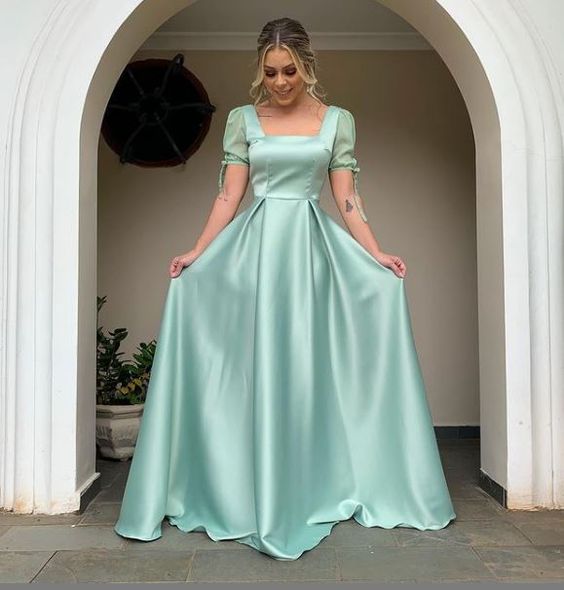A-line Square Neck Puff Sleeve Long Prom Dress,Wedding Guest Outfit fg5718