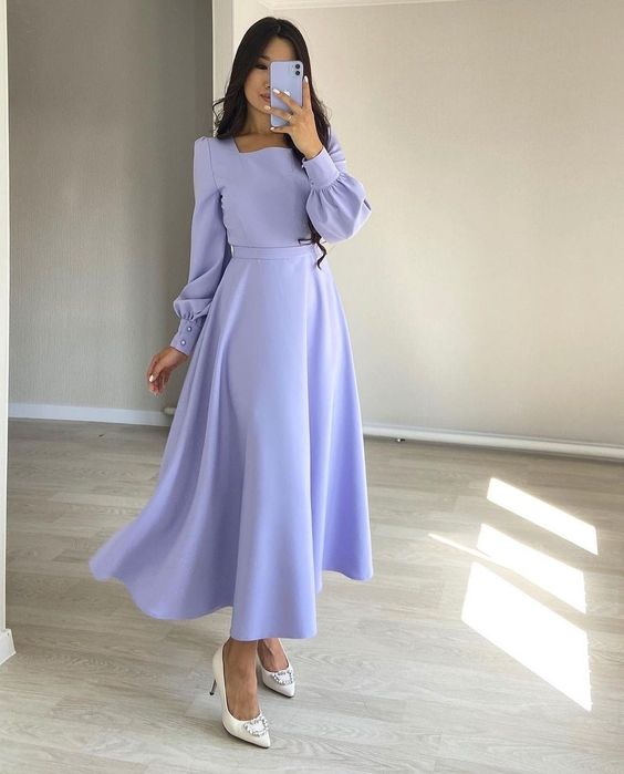 Evening Dresses Women Long Sleeve Square Neck Modest Ankle Length Formal Gowns fg5783