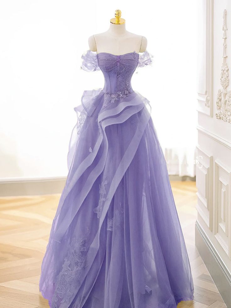A-Line Off Shoulder Tulle Lace Purple Long Prom Dress, Purple Lace Long Formal Dress cg25024