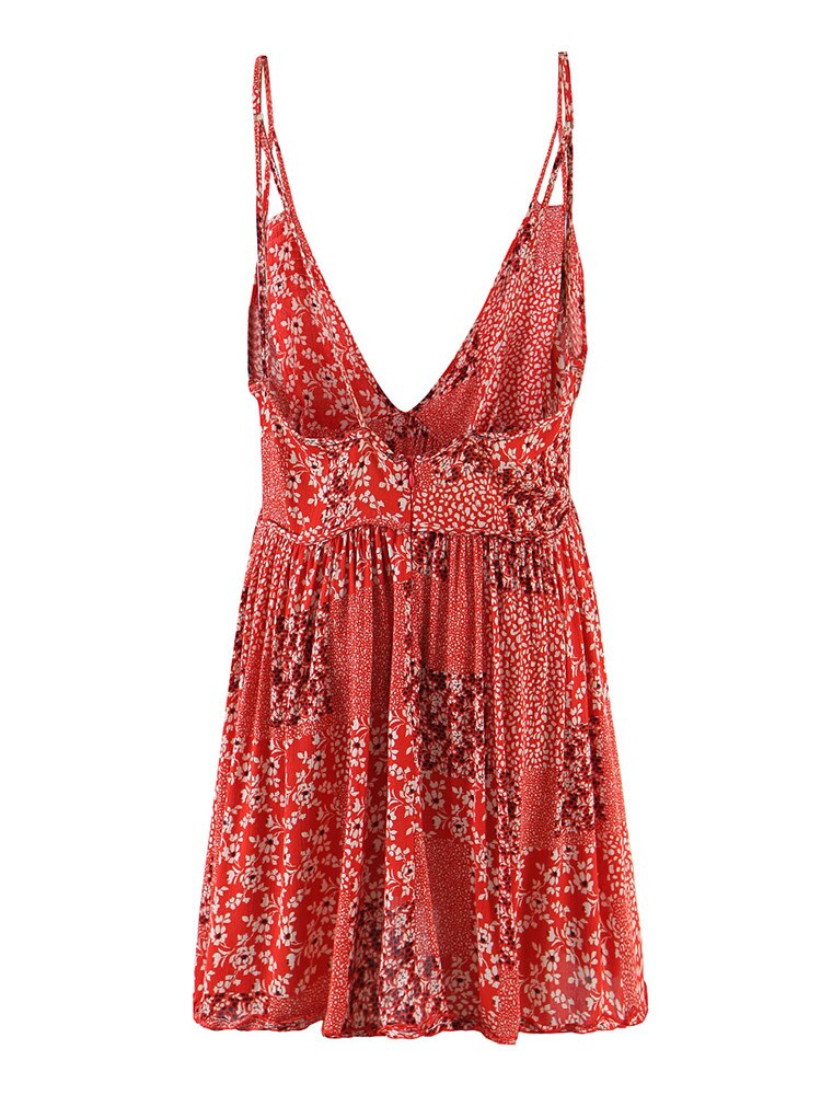 loveedsTM- Boho Strap Print Dress Woman 2024 Summer Beach Vacation New Sexy Deep V Neck High Waist Backless Mini Dress Female