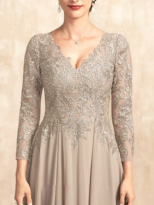 V-Neck Lace Long-Sleeved Solid Color Maxi Dress