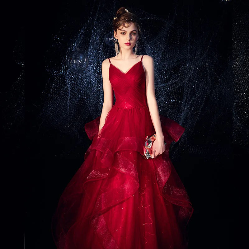 Wine Red Straps Tulle Princess Long Evening Dress Party Dress, Shiny Tulle Evening Gown Prom Dress cg22119