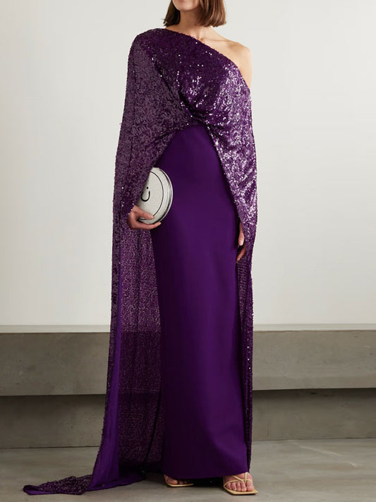 Cape-effect Sequined Georgette and Stretch-crepe Gown