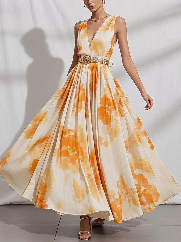 Yellow V-neck Sleeveless Print Maxi Dress