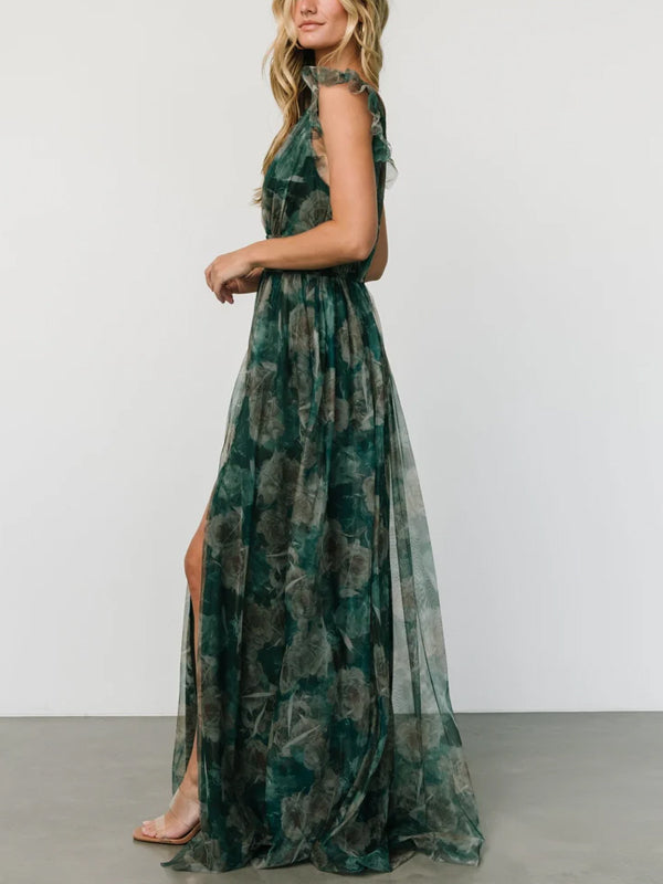V-neck Sleeveless Print Maxi Dress