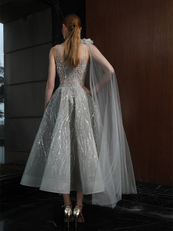 Sleeveless Solid Sequins Midi Dress