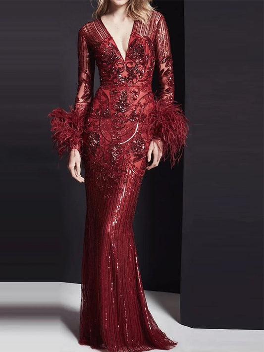 V-Neck Long Sleeves Sequined Feather Solid Color Maxi Dress