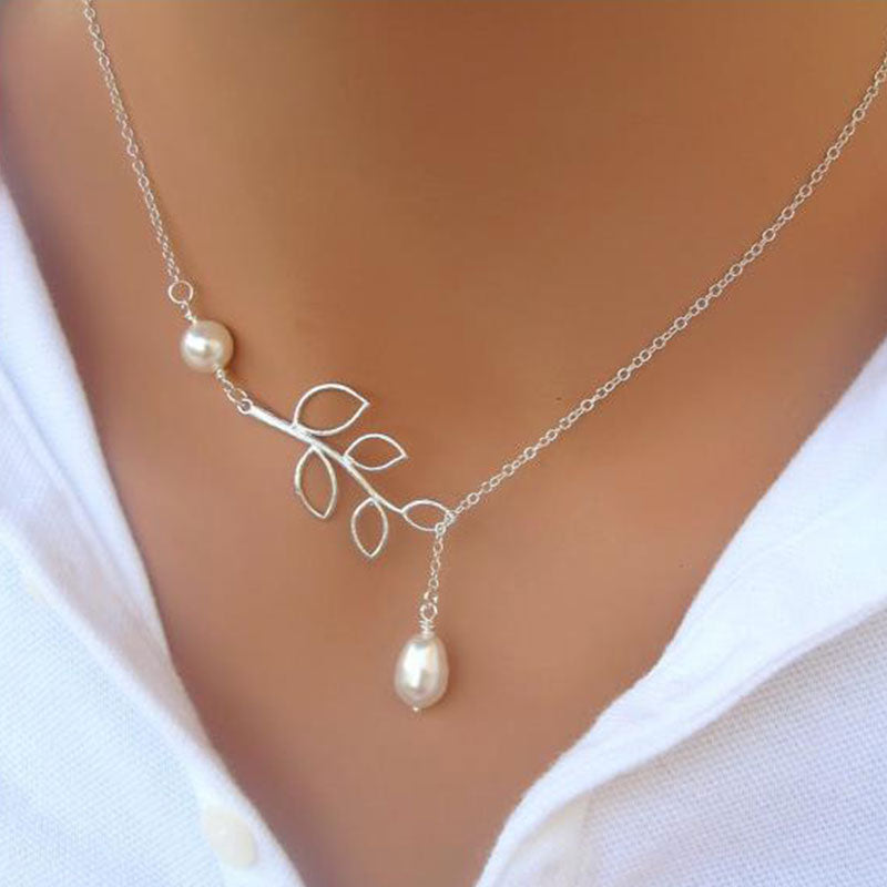 Personalized Leaf Pearl Water Drop Necklace