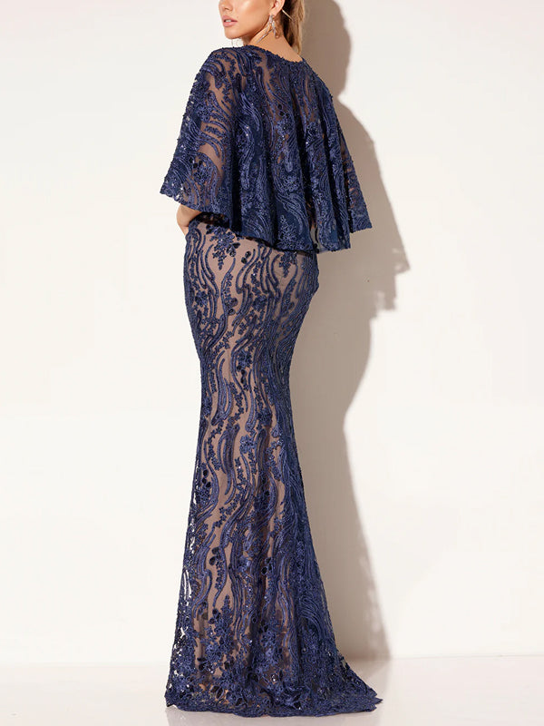 Solid Color Lace Shawl Maxi Dress