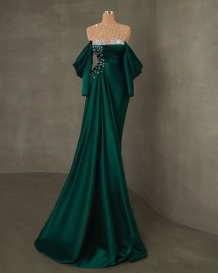 preppydressess-Green Beaded Elegant Long Satin Ball Gown Evening Gown Party Dress gh5032