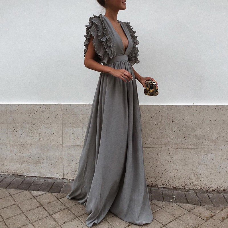 loveedsTM- Formal Party  Dress Women Deep V-Neck Long Dress Elegant Flying Sleeves Backless Maxi Evening Dresses Robe De Soiree