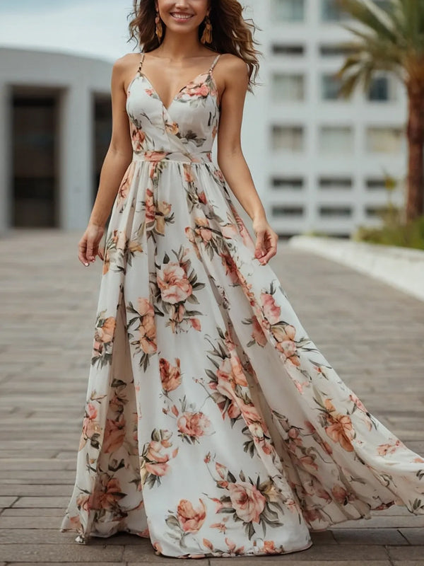 White Suspender Print Maxi Dress