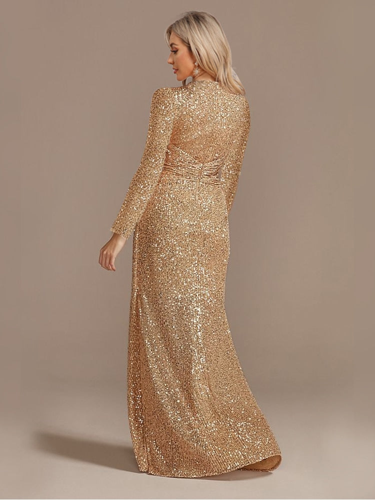 loveedsTM- Luxury Long Sleeve V-Neck Evening Dress Party Women Wedding Sequins For Female Guests Blue Prom Cocktail Dresses
