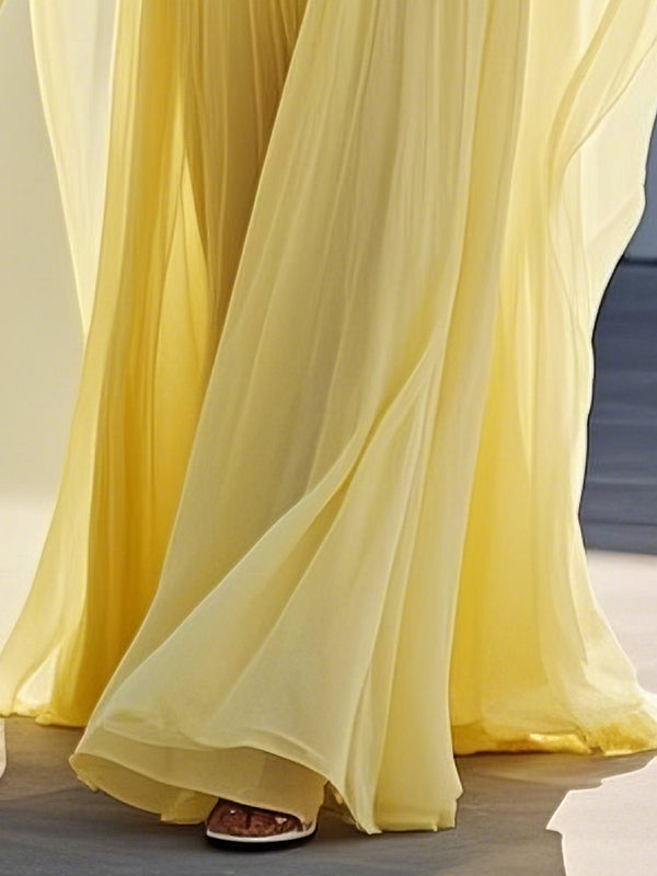Yellow Pleated Chiffon Dress Square Neck Long Sleeve A-Line Gown