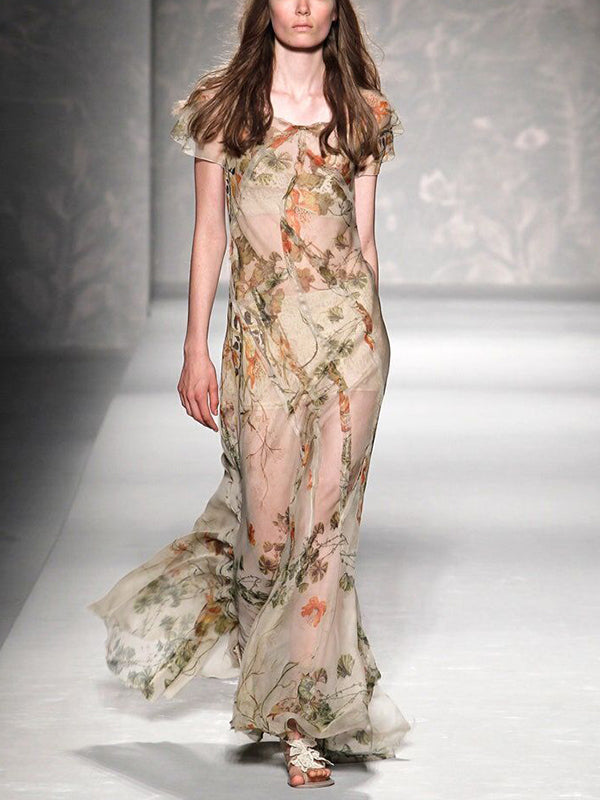 Gray Green Crew Neck Print Maxi Dress