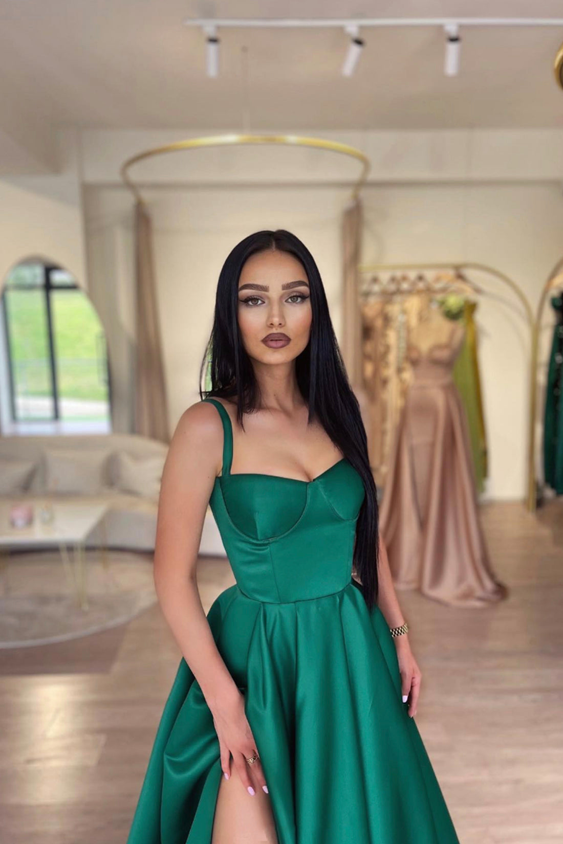 Dark Green Satin Long Prom Dress, Beautiful A-Line Evening Dress Party Dress
