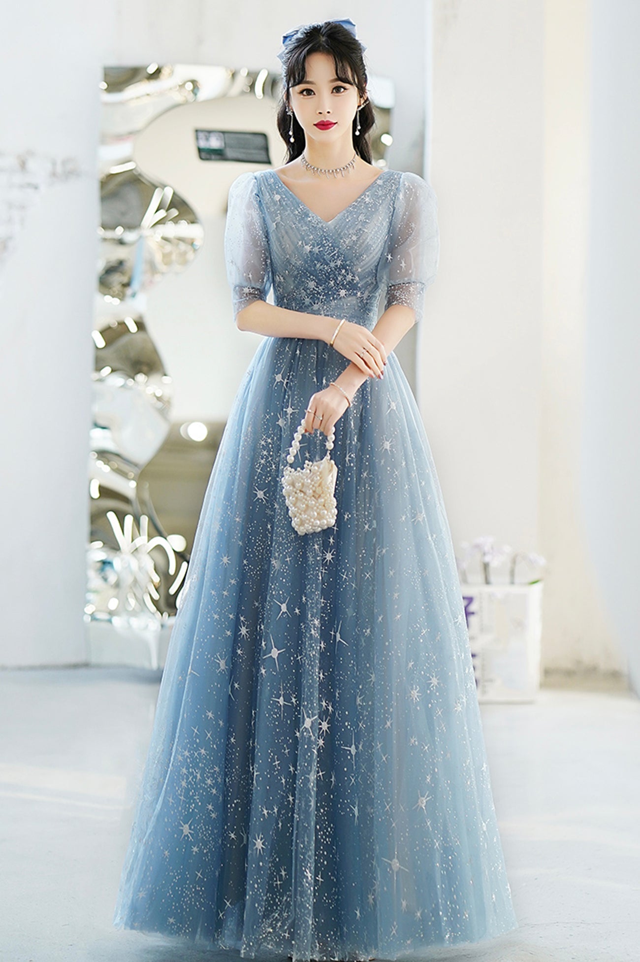 Blue V-Neck Tulle Long A-Line Prom Dress, Blue Evening Graduation Dress