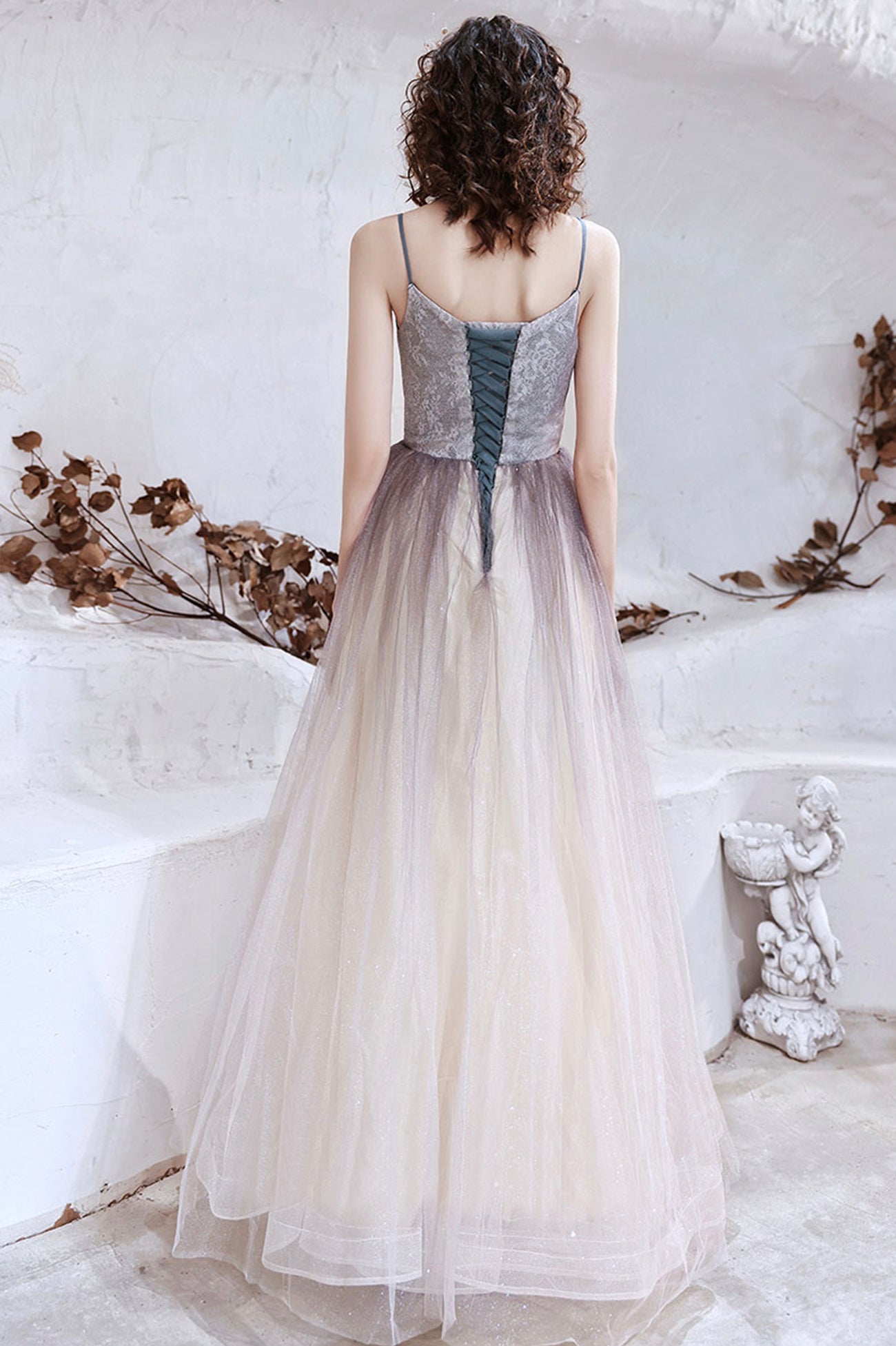 Cute Tulle Long A-Line Prom Dress, Spaghetti Straps Evening Party Dress