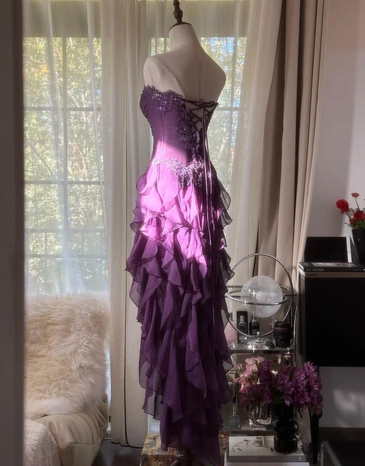 Purple Sheath Strapless Appliques Tiered Chiffon Long Prom Dress Evening Dress SH2505