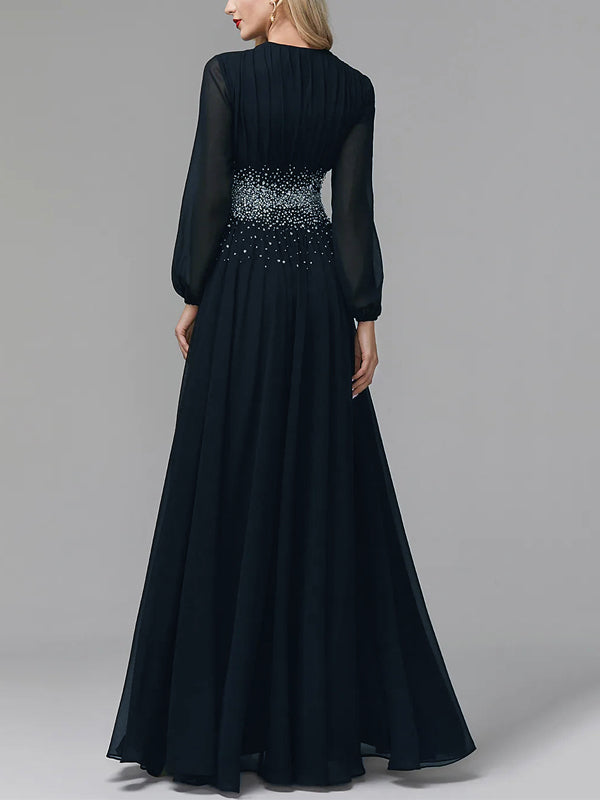 V-neck Chiffon Long Sleeve Solid Color Maxi Dress