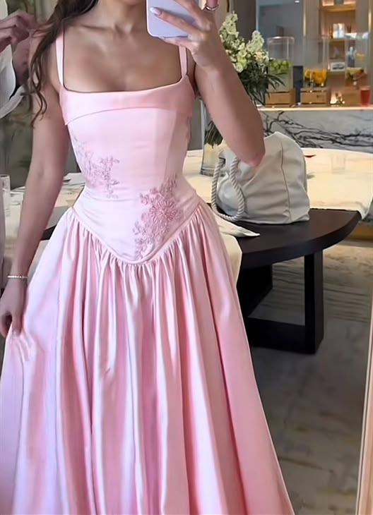 Pink A Line Spaghetti Straps Appliques Satin Long Prom Dress Evening Dress SH2483