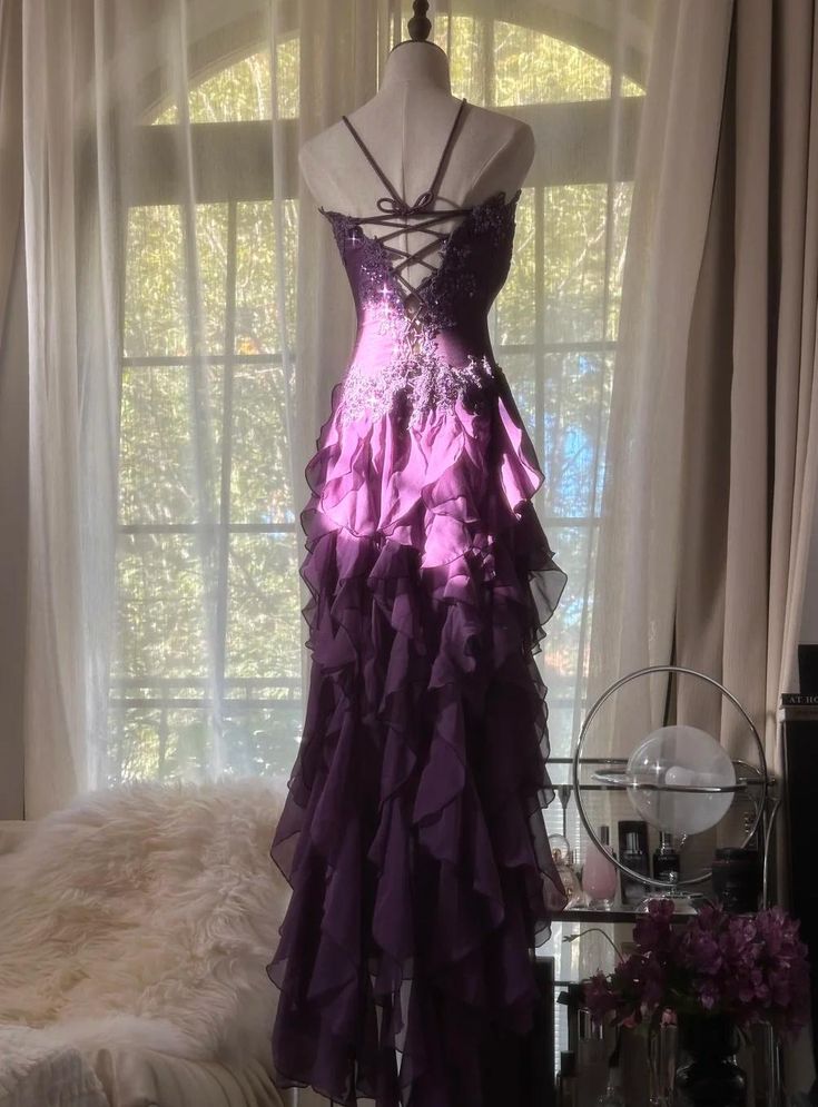 Purple Sheath Strapless Appliques Tiered Chiffon Long Prom Dress Evening Dress SH2505