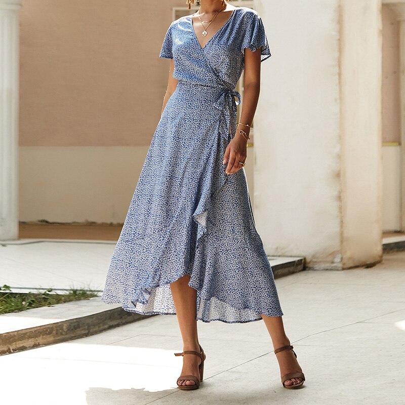 loveedsTM-Summer Vacation Holiday Dress Boho Green Printed Sashes Ruffles Bohemian Midi Dress V-Neck Irregular Short Sleeve Sundress