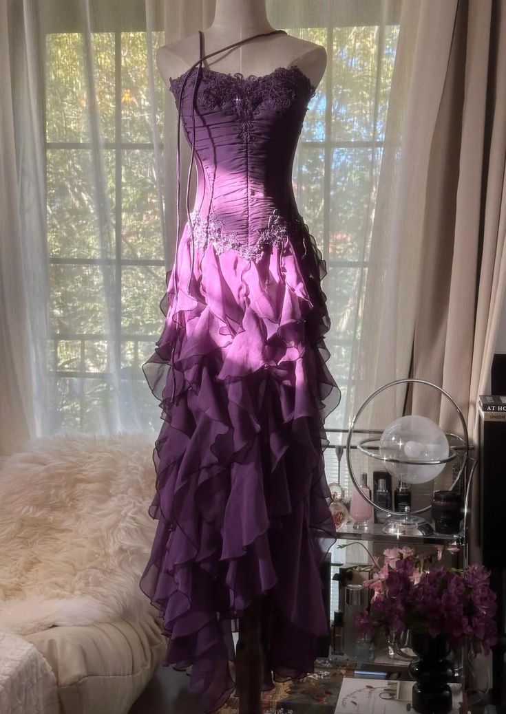Purple Sheath Strapless Appliques Tiered Chiffon Long Prom Dress Evening Dress SH2505
