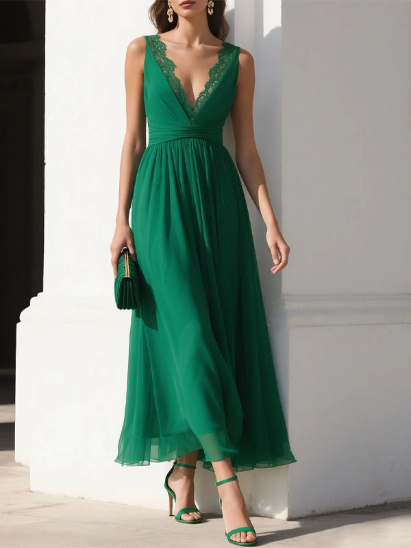 Green Lace Ruched Chiffon V Neck Sleeveless A-Line Maxi Dress