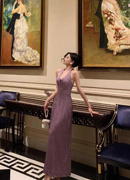 Pretty A line Halter Grape Polka Dots 21st Birthday Dress Party Outfits Birthday Outfits For Women DP0191