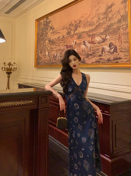 Vintage A line V Neckline Navy Blue Chiffon 18th Birthday Dress Party Gown Birthday Outfits For Women DP0196