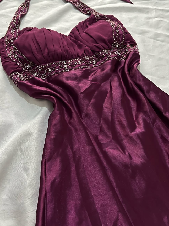 Vintage A Line Halter Beaded Purple Satin Open Back Prom Dress Graduation Prom Dress SH2585