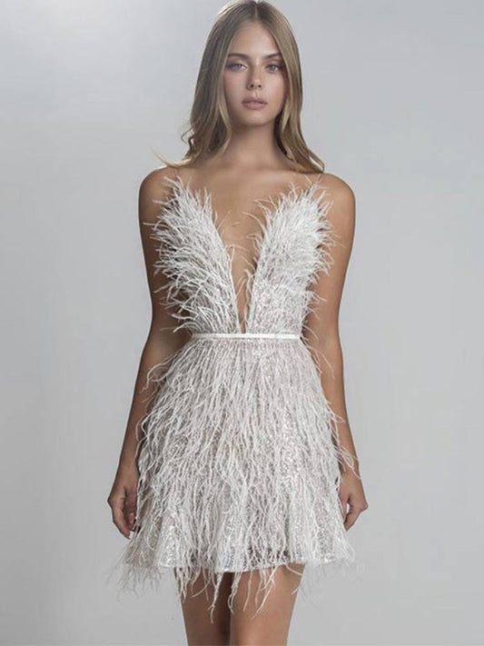 loveedsTM-Sexy Feather Spaghetti Strap Dress Women Summer Deep V-Neck Female Mini Dresses Fashion Evening Party Club Elegant Lady Dresses