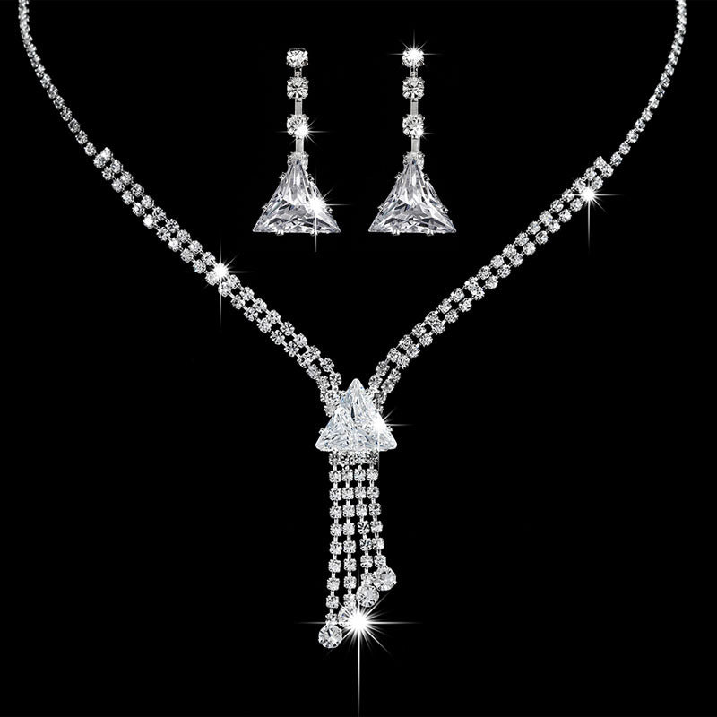 Brilliant Full Diamond Zircon Drop Necklace and Earrings Set