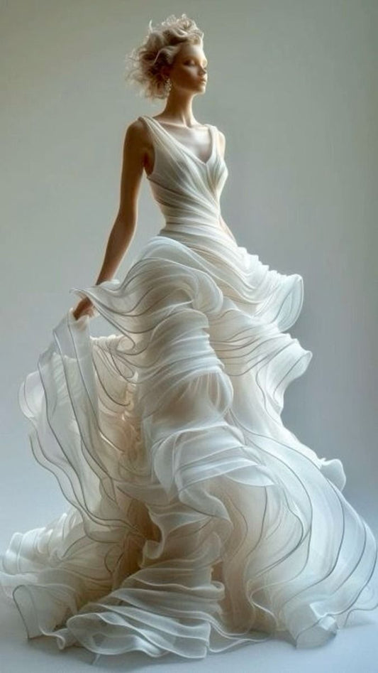 Charming A Line V Neck Ruffle Ivory Tulle Prom Dress Graduation Prom Dress SH2479