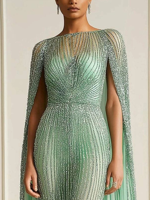 Evening Formal Gown Tulle Foil Fabric Cape Boat Neck Maxi Dress