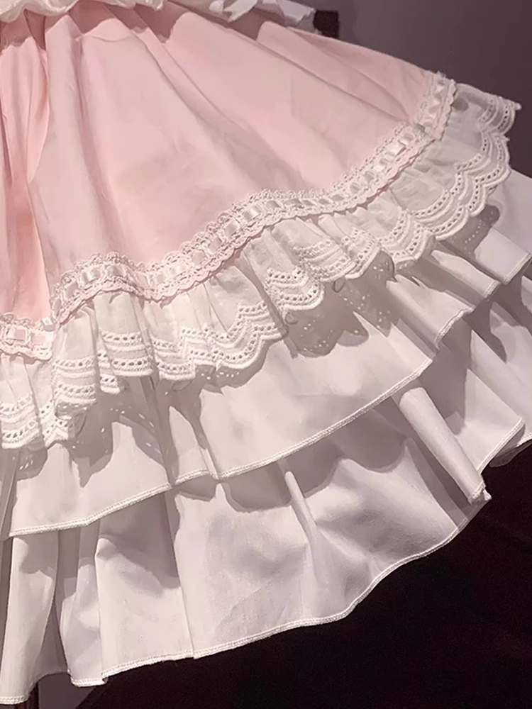 Cute Ball Gown Square Neckline Floral Lace Party Dresses Pink Birthday Outfits With Bowknots SD455