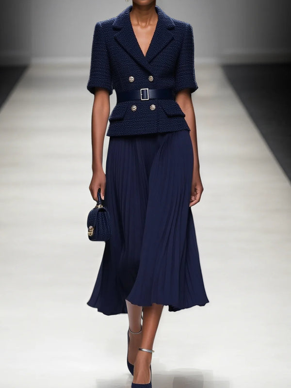 Tweed Pleated Buckle Lapel Collar Short Sleeve Dressy Top With Skirt Two-Piece Set