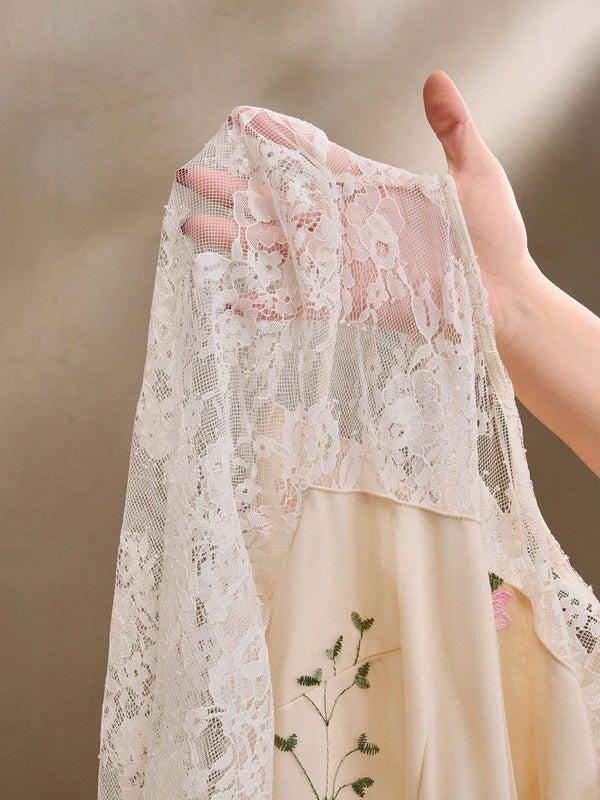 Women's Lace Embroidered Floral Transparent Lantern Sleeve Dress