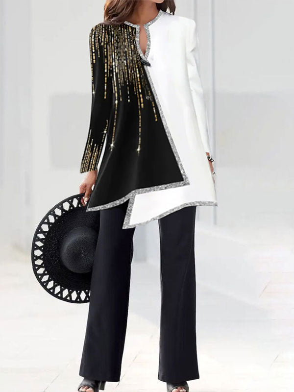 V-neck Color-block Sequined Top And Trousers Suit