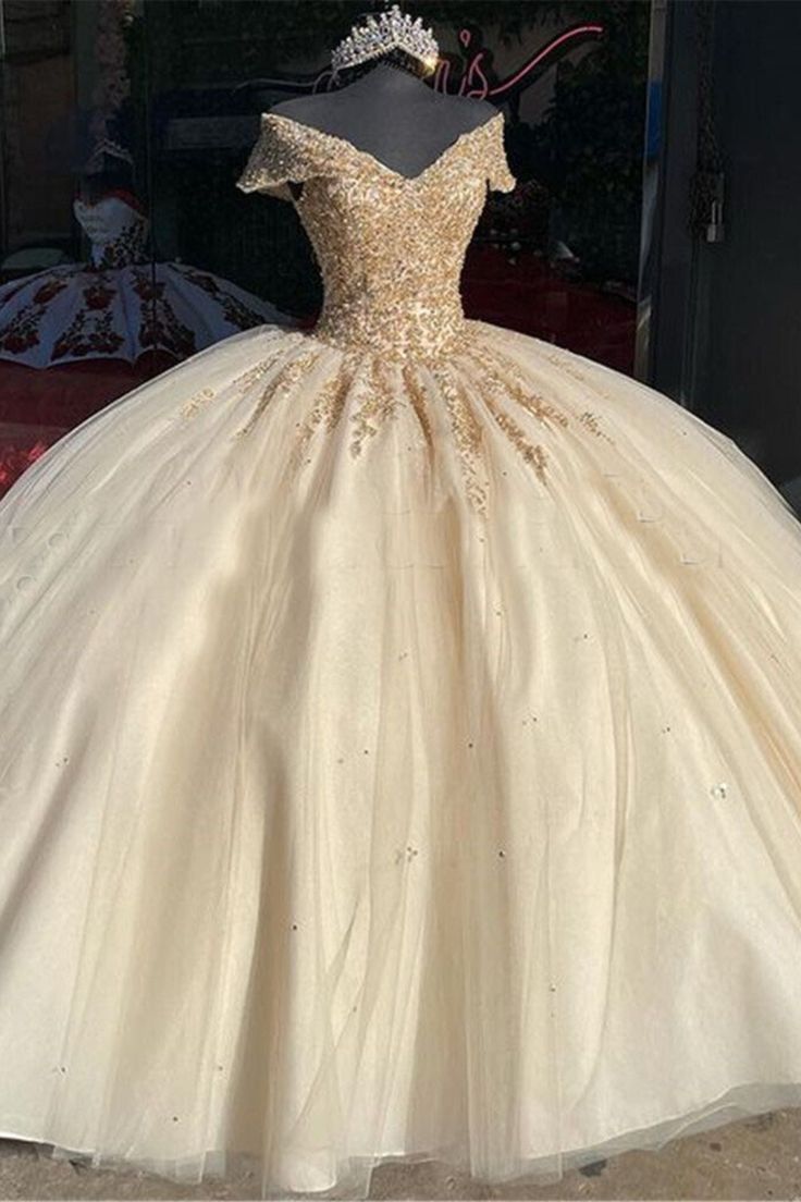 Champagne Color Gorgeous Shiny Exquisite Beaded Long Ball Gown Evening Dress gh3365