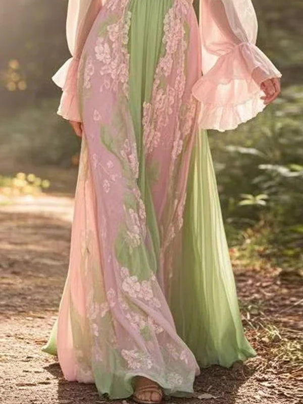 V-neck Lace Temperament Color Matching Women's Dress