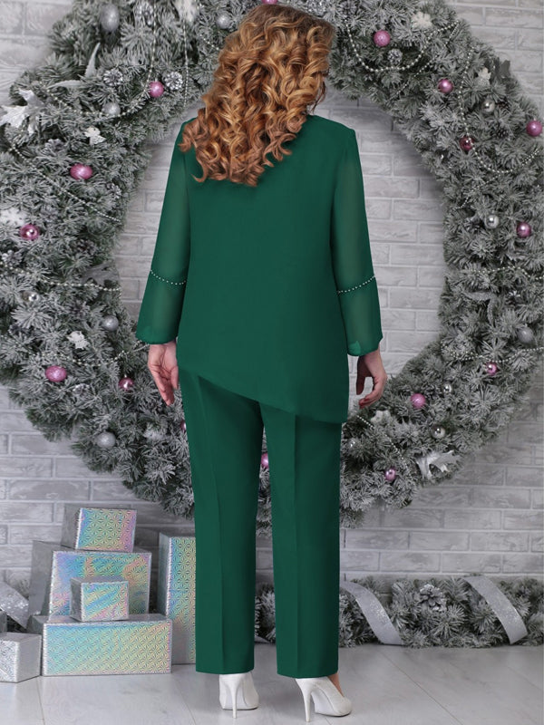 V-Neck Solid Color Hem Irregular Top And Trousers Suit