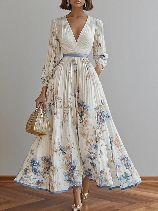White V-neck Long Sleeves With Print Maxi Dress