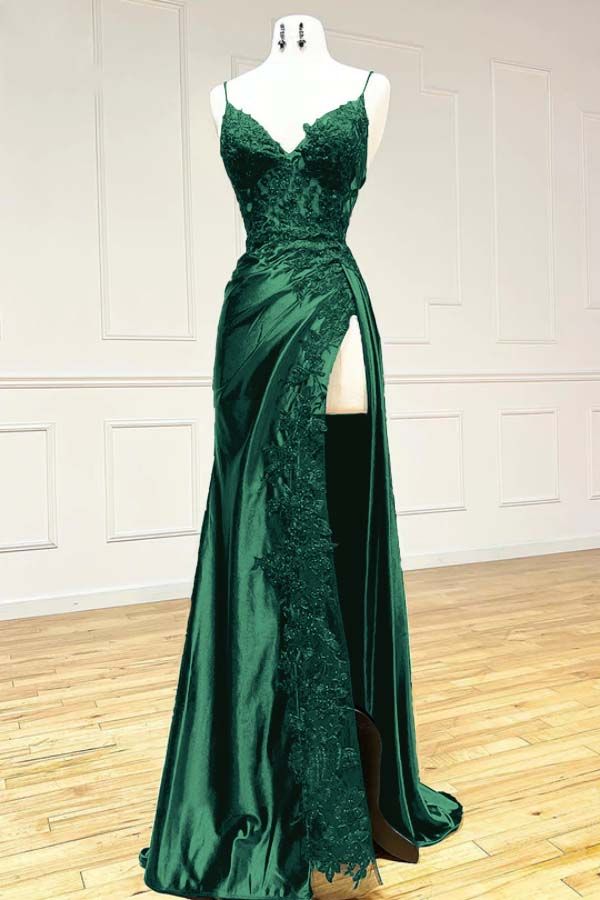 Black fashion classy sexy V-neck exquisite lace spaghetti straps side slits long satin prom dress evening dress party dress gh2611