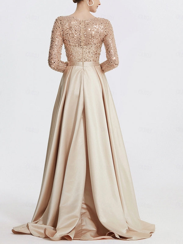 Round Neck Sequined Solid Color Maxi Dress