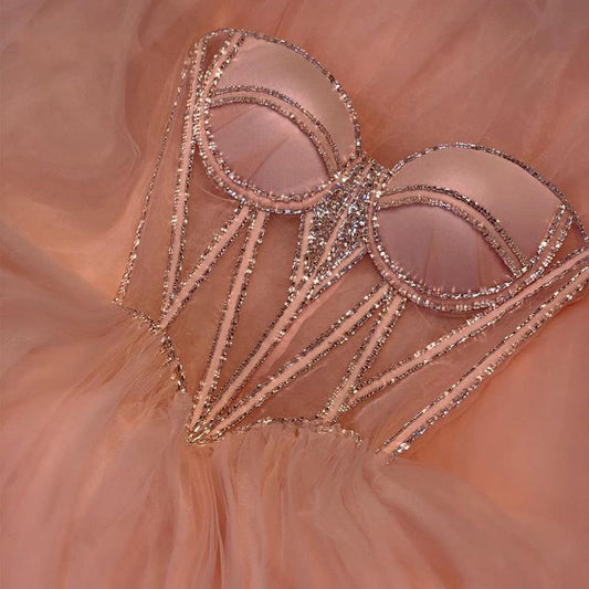 Pink Sparkling A-Line Long Beaded Elegant Halter Neck tulle Ball Gown Evening Dress gh3295