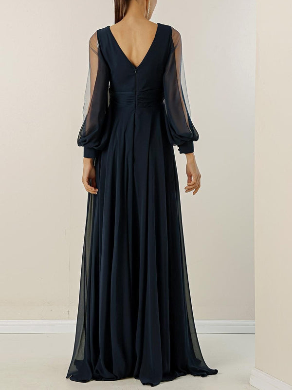 V-neck Chiffon Long Sleeve Solid Color Maxi Dress