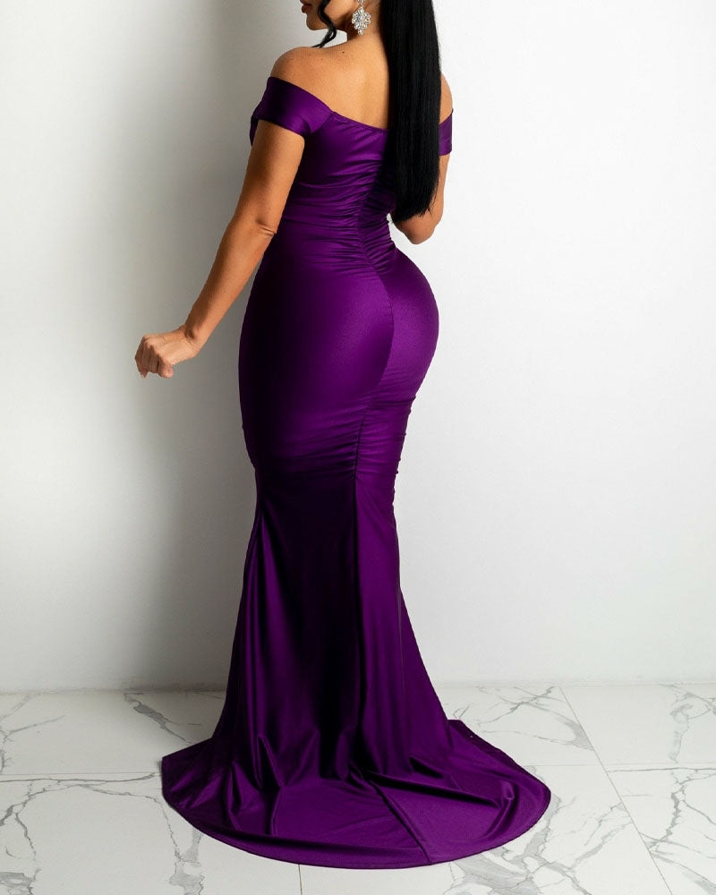 loveedsTM-Satin Off Shoulder Ruched Split Mermaid Dress