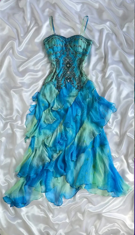 Blue Gradient Shiny Gorgeous Retro Fashion Exquisite Gemstone Beads Long Ankle Length Chiffon Ruffle Ball Dress Evening Dress Party Dress Prom Dress gh3777